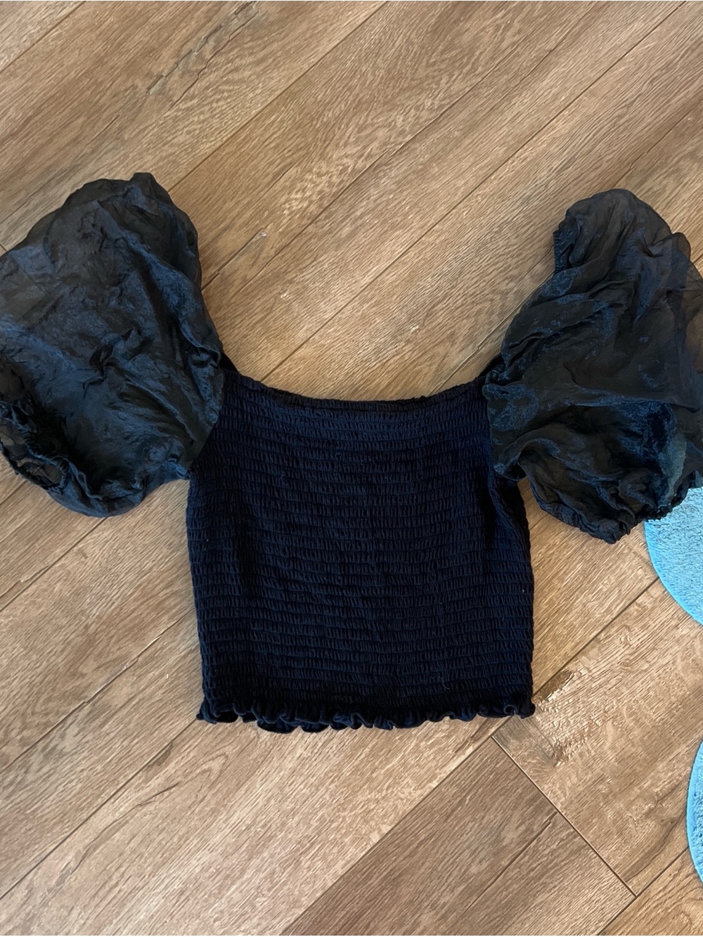 Forever 21 Black Puff-Sleeve Smocked Crop Top with Sheer Sleeves